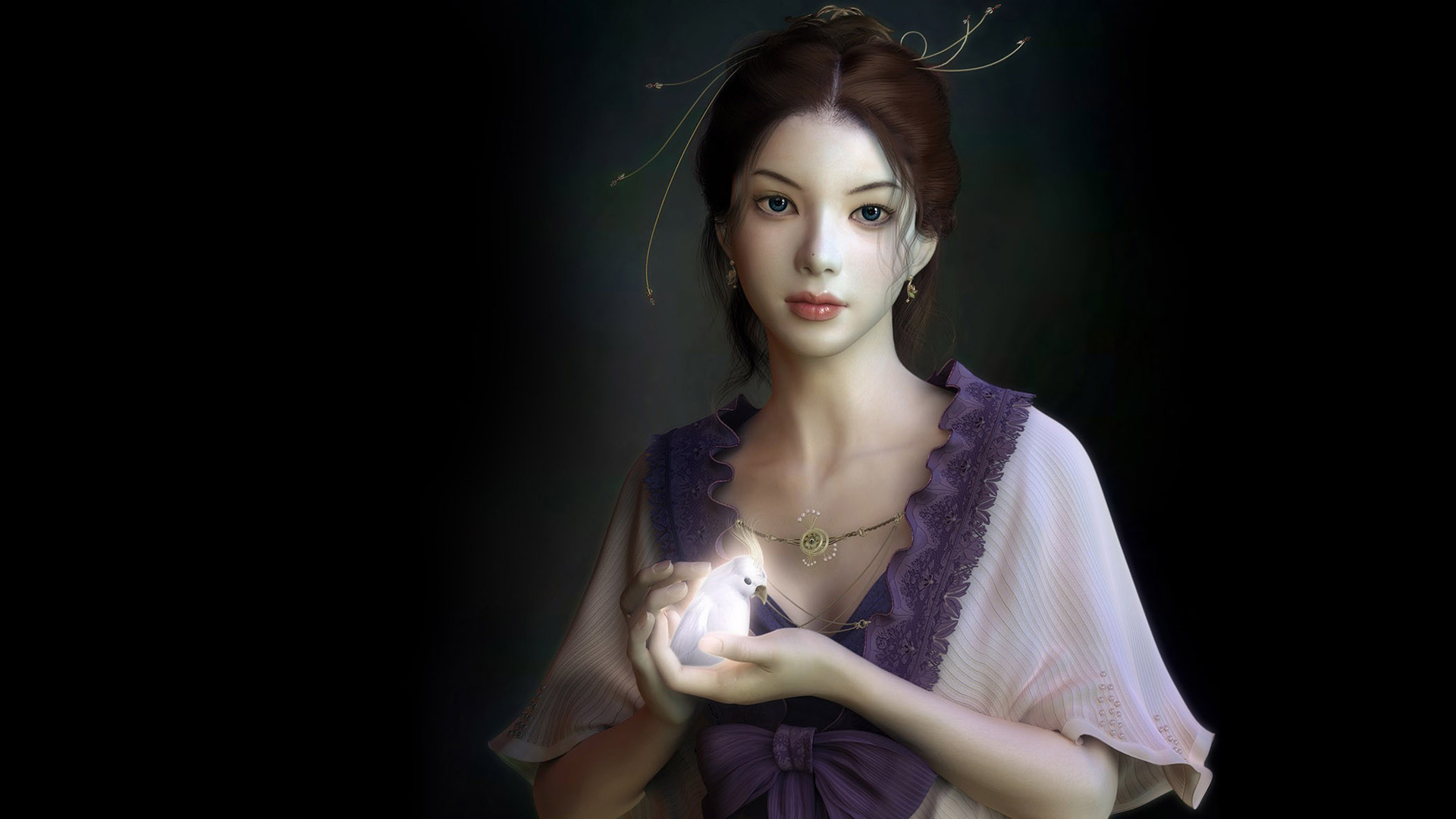 唯美幻想，美丽女孩与鸟儿共舞，精选桌面壁纸免费下载