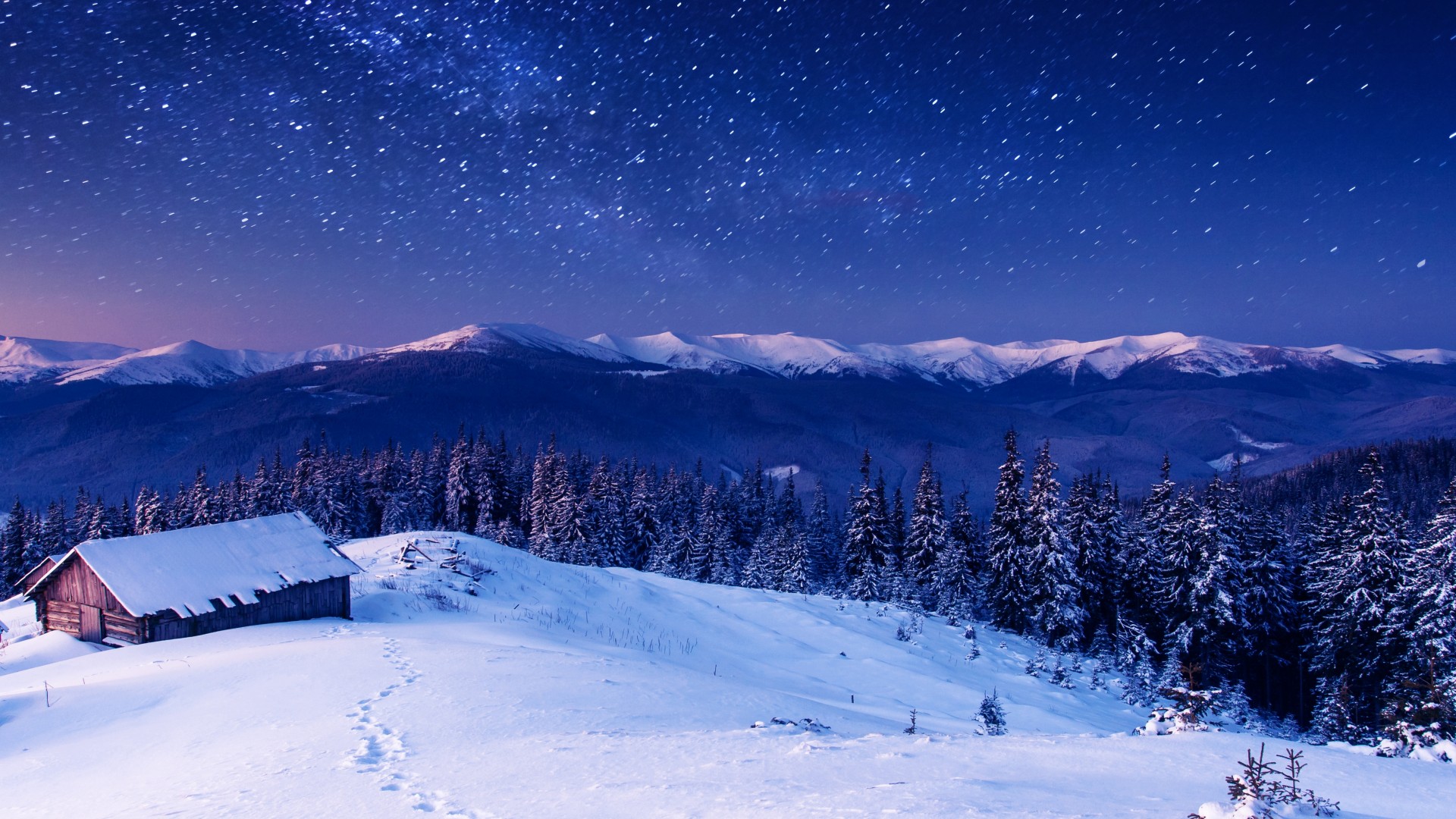 房子,山,树林,飘雪,夜晚,星星,壁纸