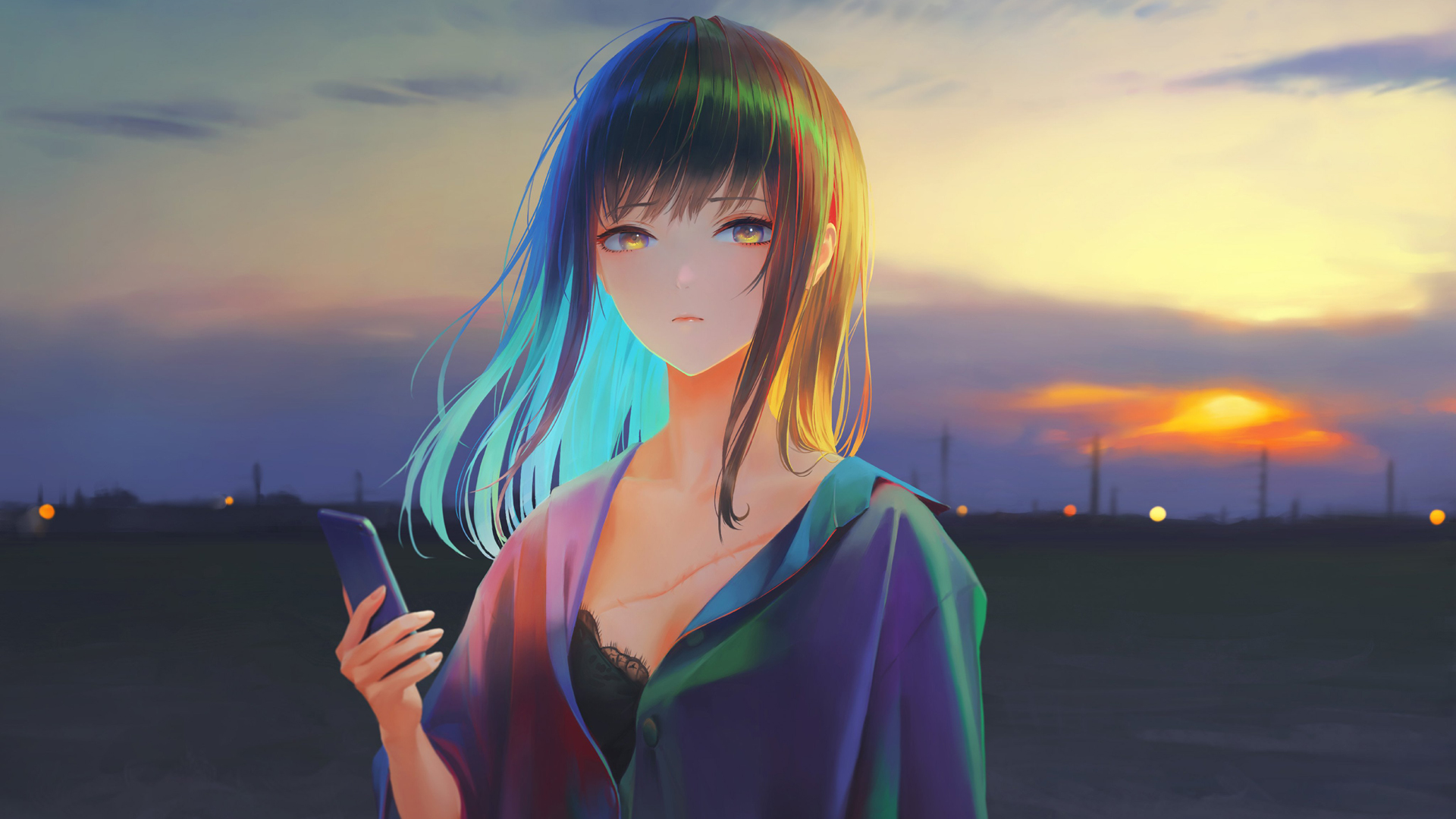 动漫美女睡衣倩影，傍晚夜景壁纸，免费高清电脑壁纸下载