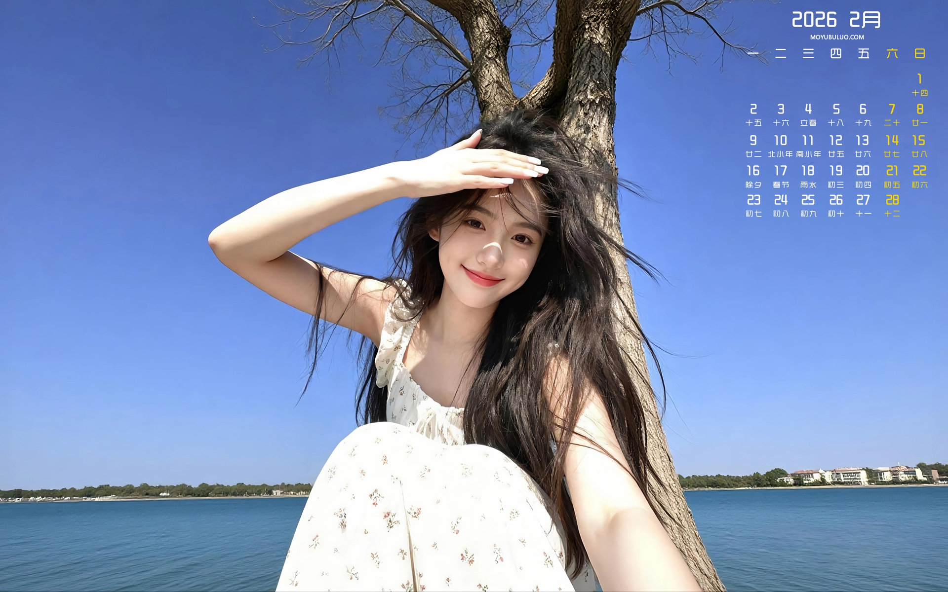 晴空美女2026年2月日历免费电脑壁纸下载