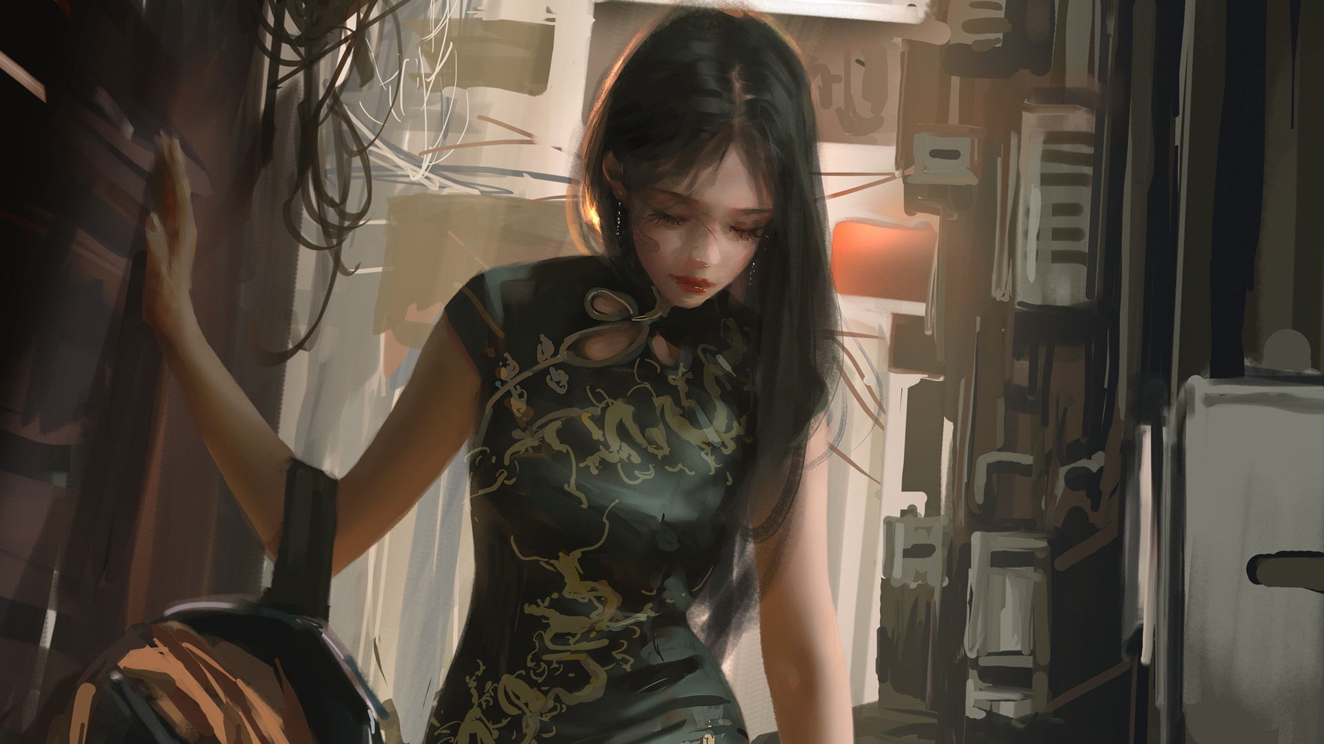 旗袍美女厚涂画风街景动漫壁纸，免费高清电脑桌面背景下载