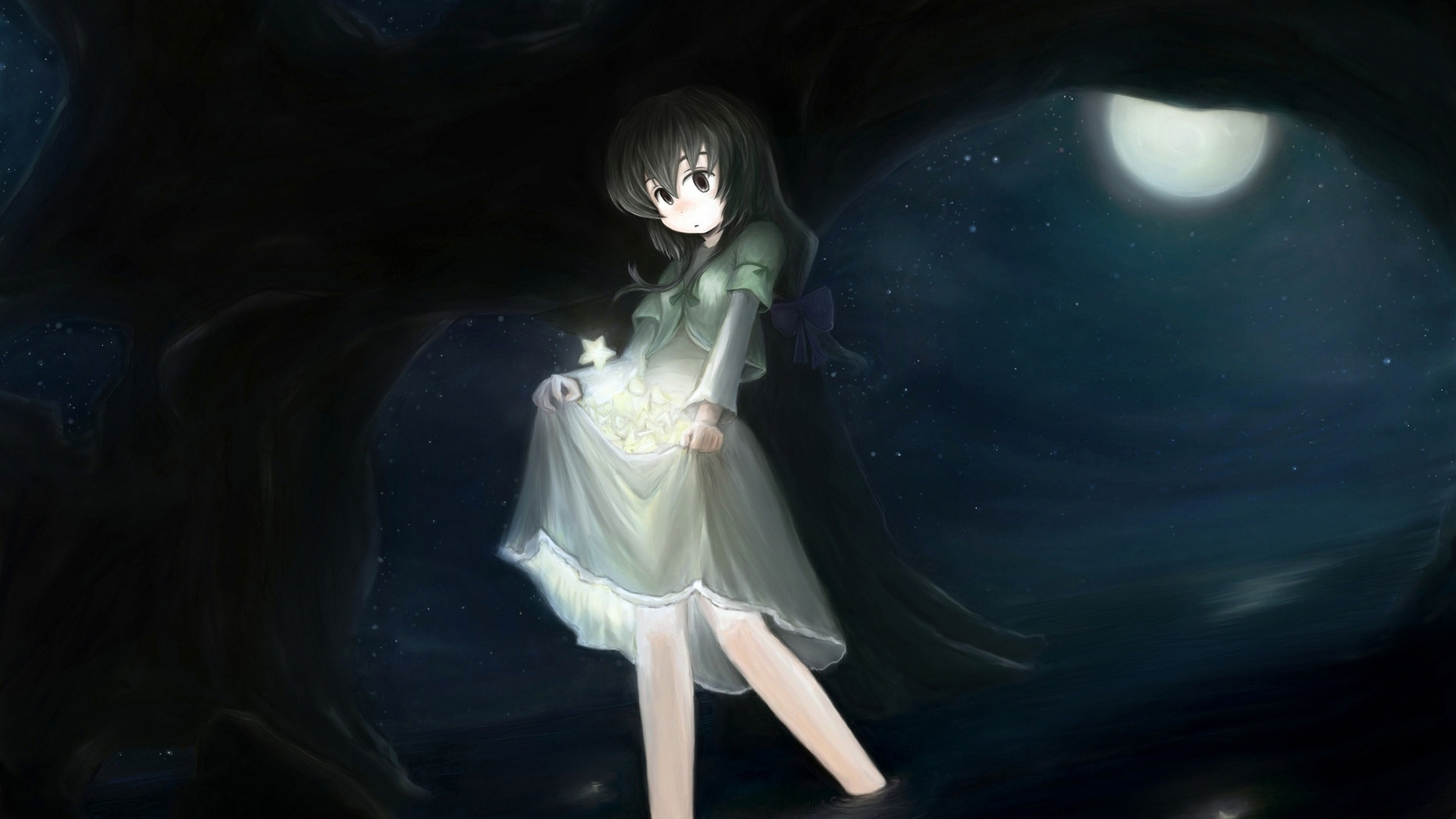 晚上月亮女孩星愿，唯美桌面壁纸免费下载，电脑美化新选择