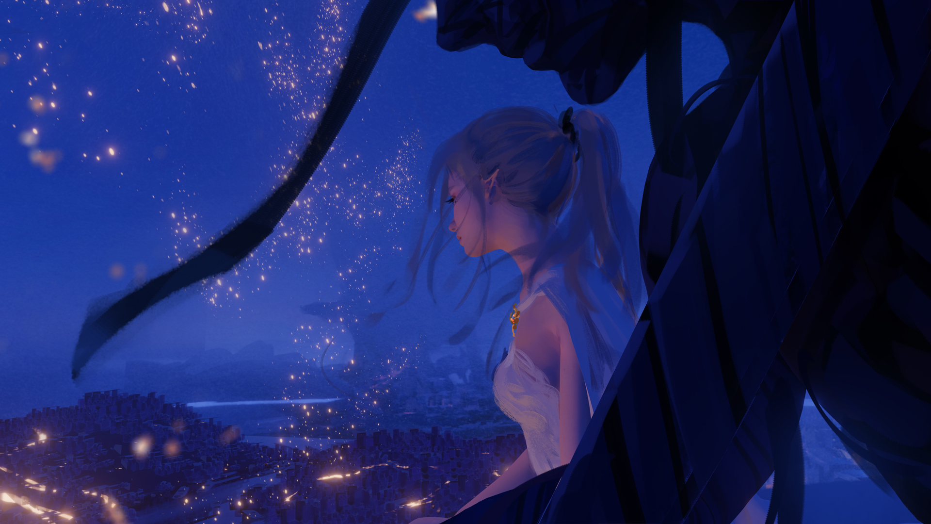 唯美侧颜女孩，星空夜晚风景动漫壁纸，免费电脑壁纸高清下载