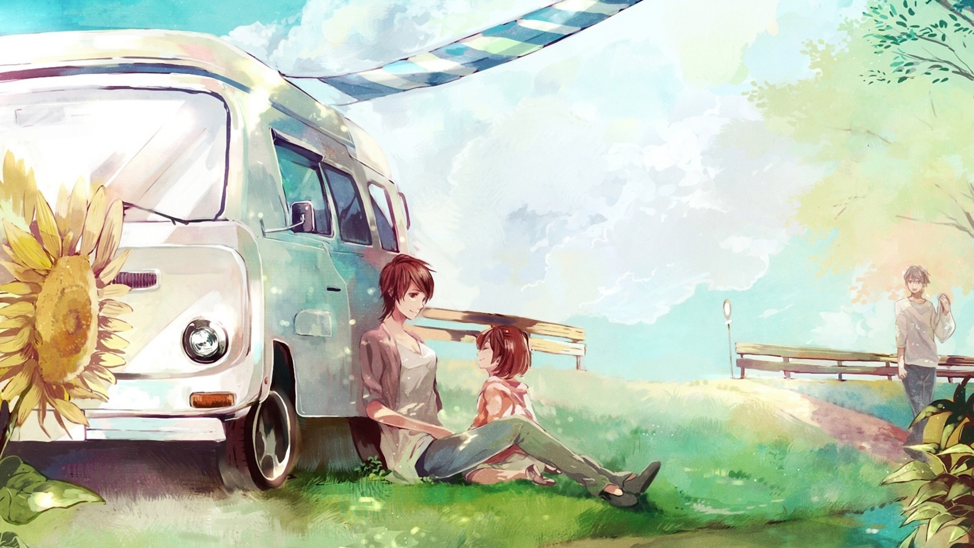 汽车，野外，温馨，家人，动漫桌面壁纸