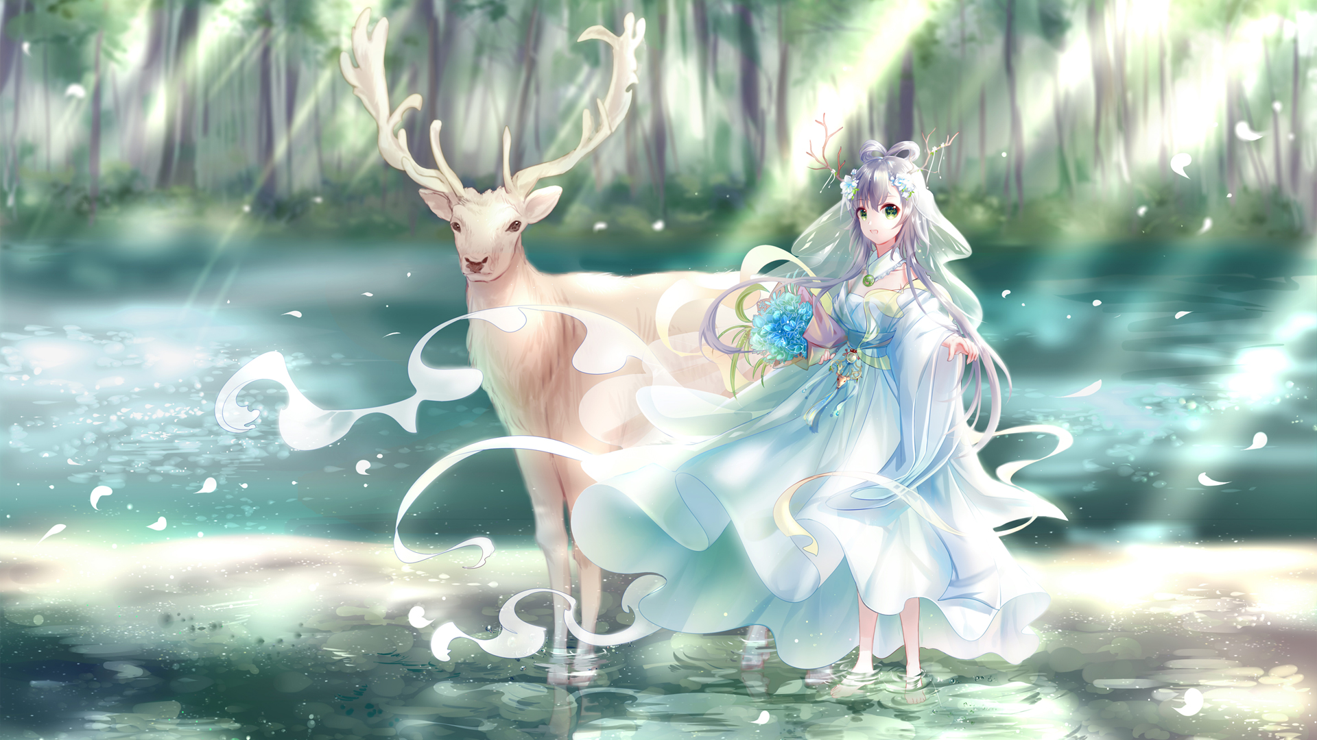 洛天依森林之舞，水上鹿绿天依绝美壁纸，Yaduo铮粽子原创，免费下载！