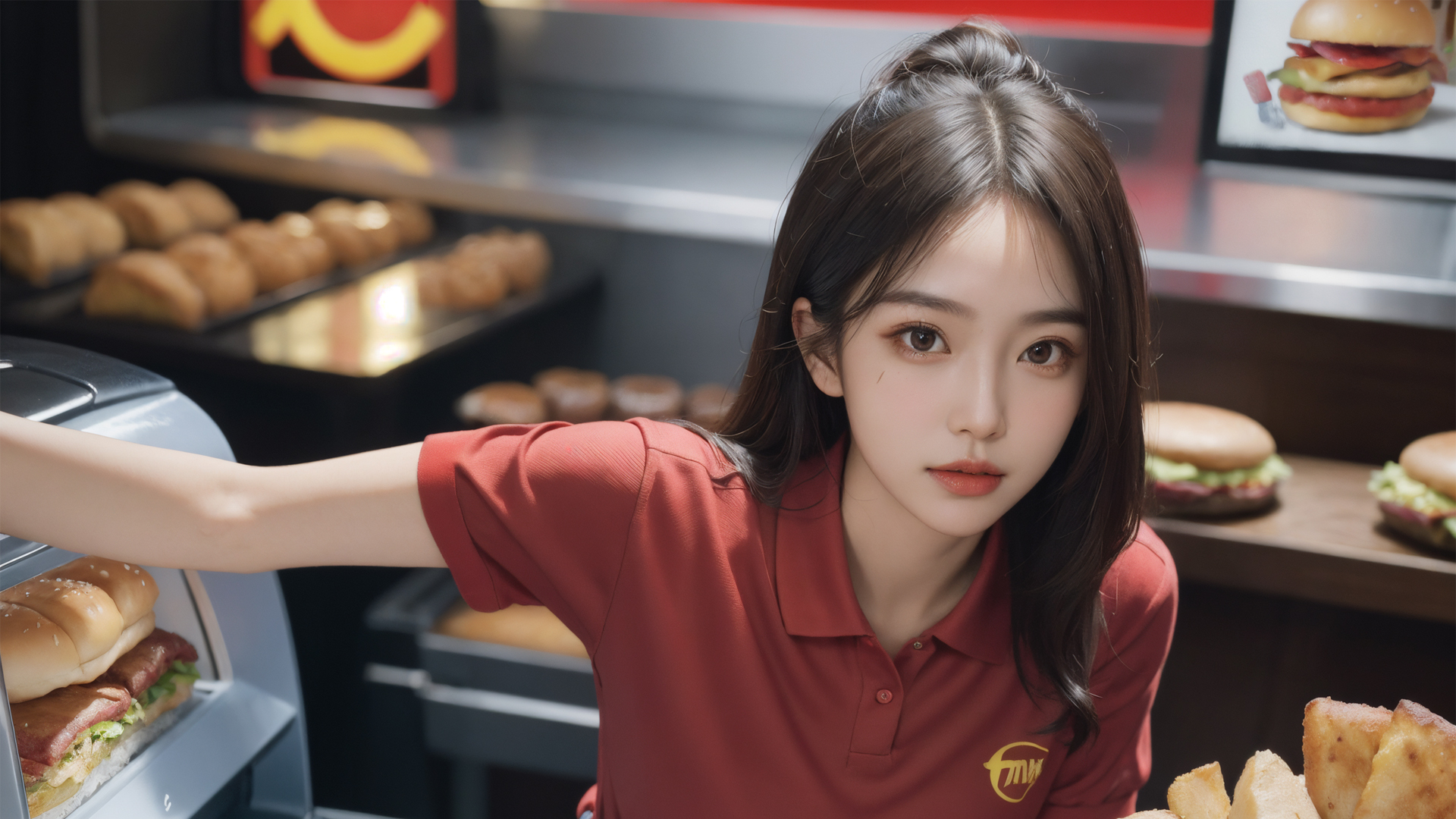 汉堡店风情，长发美女工作服形象，AI绘画动漫高清壁纸免费下载