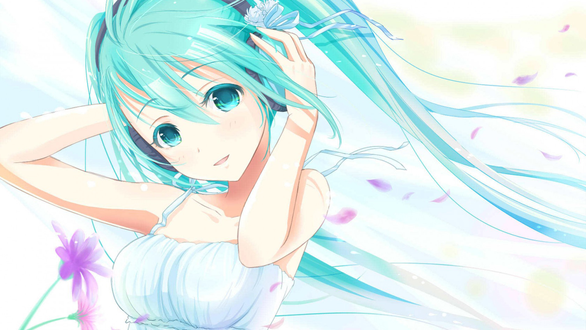 雪之精灵女孩，初音未来动漫壁纸，可爱花瓣点缀，免费电脑壁纸下载