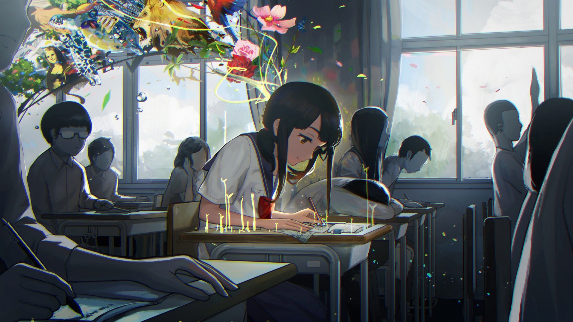教室风采，女生同学动漫电脑壁纸，免费下载畅享！