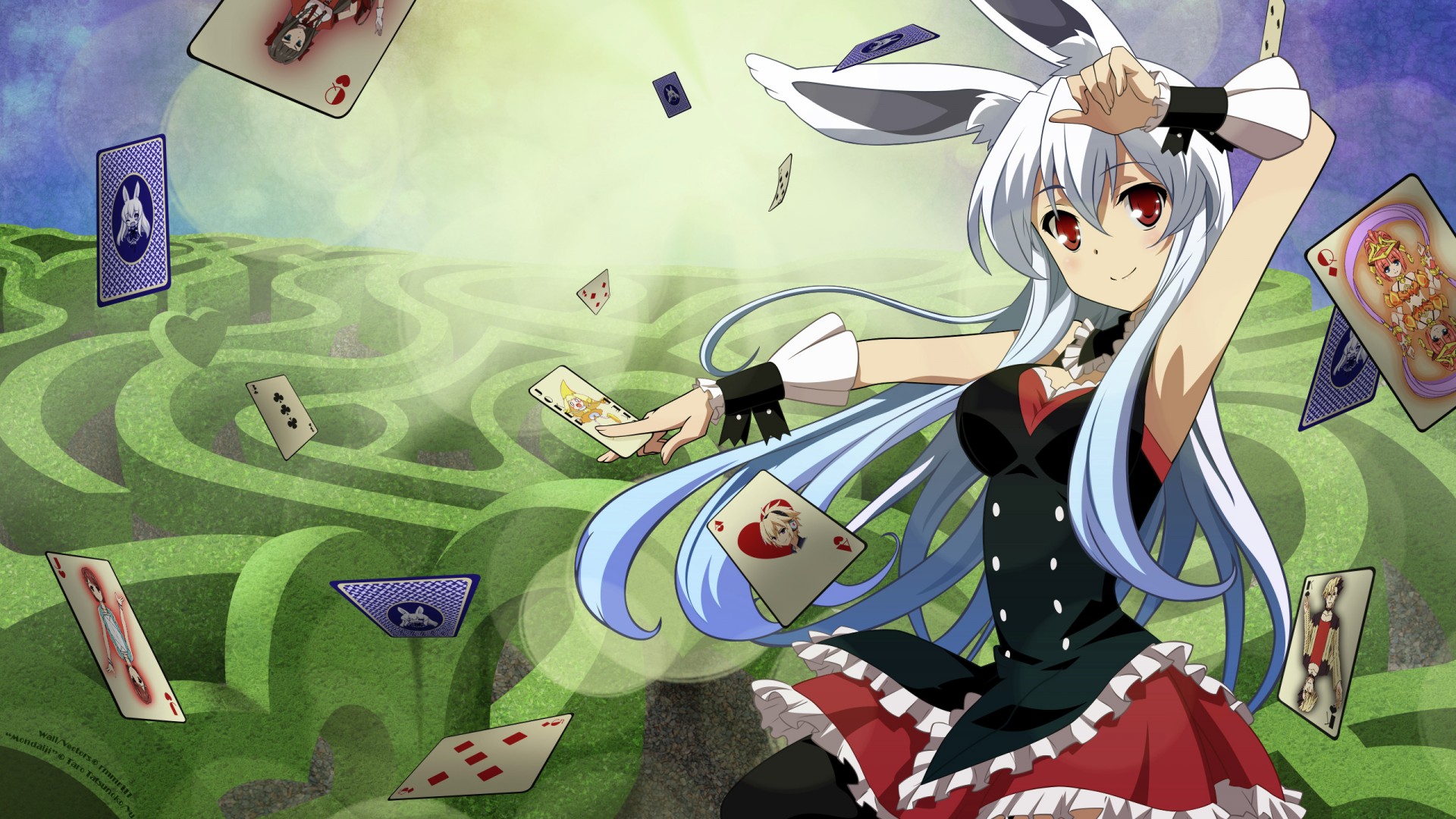 美少女魔术师，长耳长发扑克牌，可爱动漫壁纸免费下载