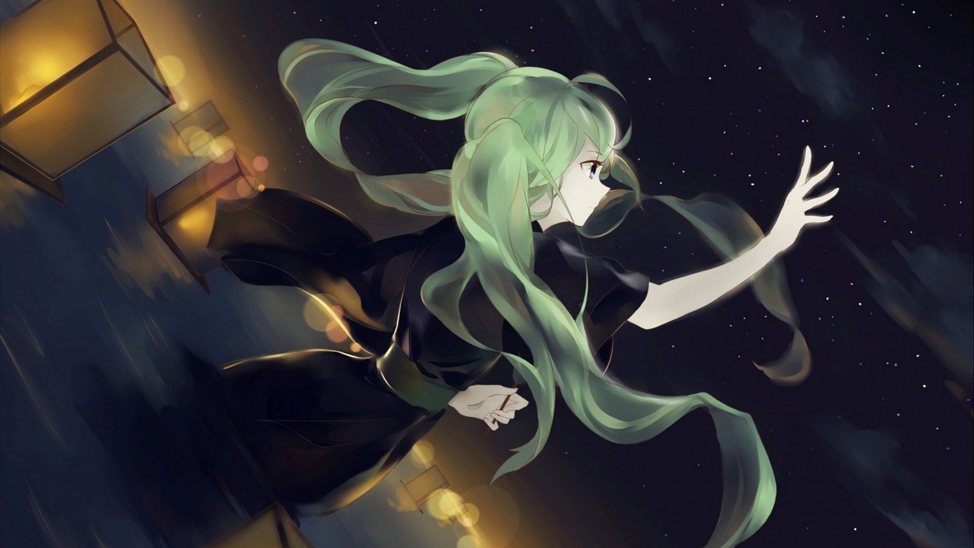 初音未来梦幻之夜，女孩与星星共舞的壁纸，免费动漫电脑壁纸下载
