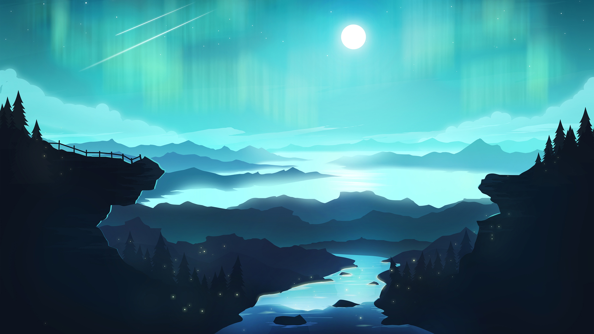 夜晚极光流星月亮山川河流手绘风景简约桌面壁纸，免费电脑壁纸下载