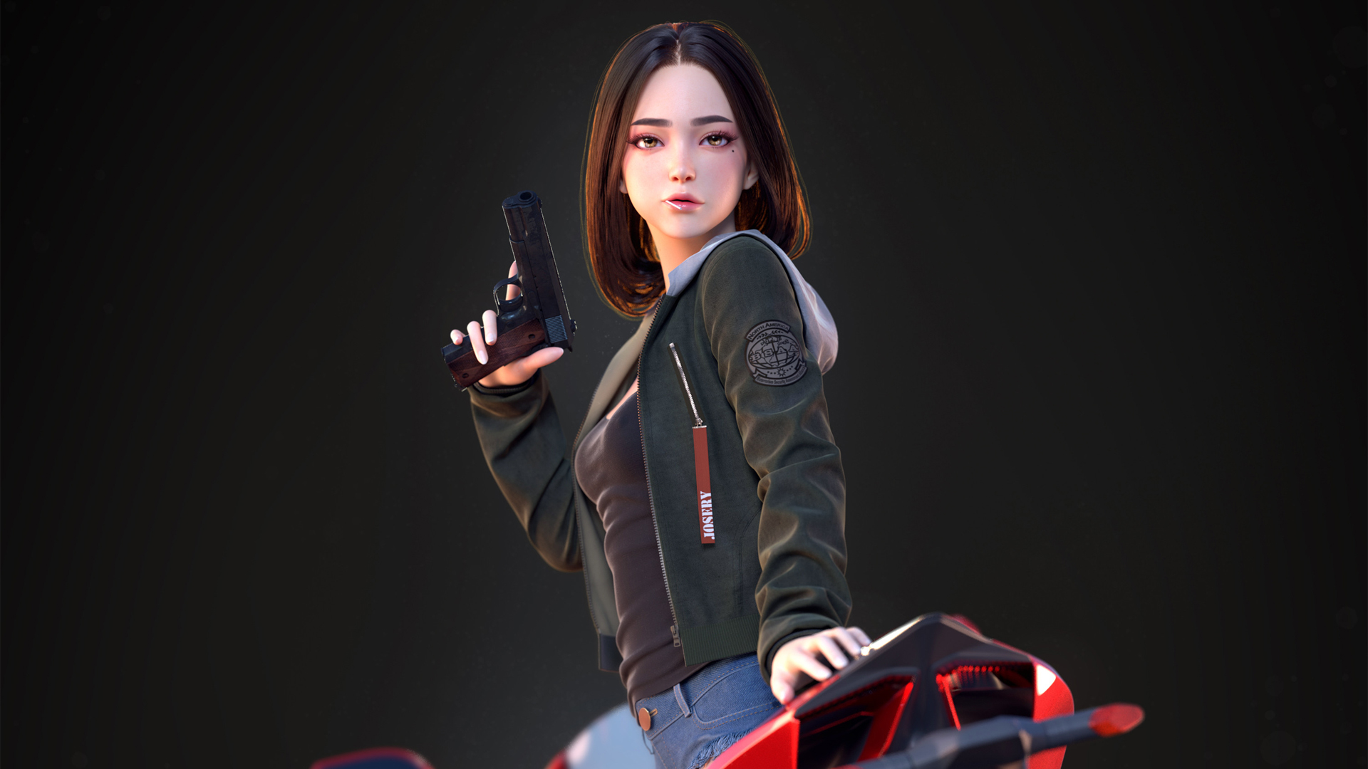 个性少女休闲装摩托车主题，3D美女动漫壁纸免费下载