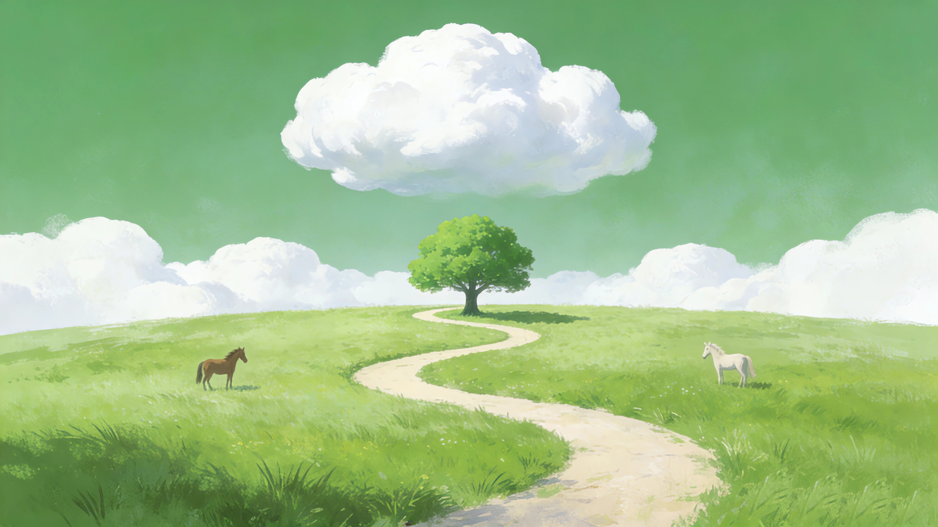 绿色天空草地小清新风景壁纸，云朵马儿弯曲小路小树免费电脑壁纸下载