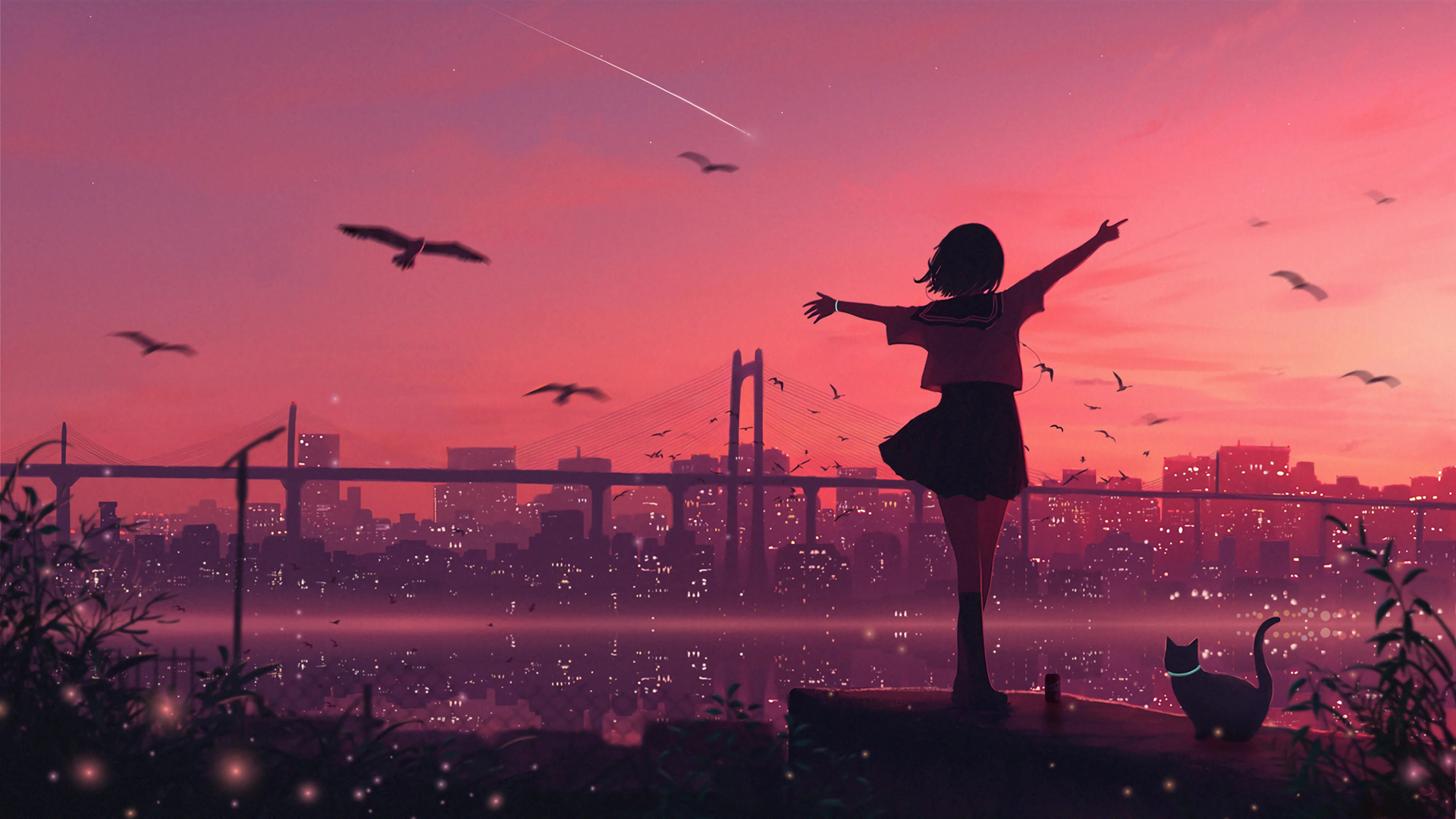 黄昏 少女背影 眺望 城市 动漫壁纸