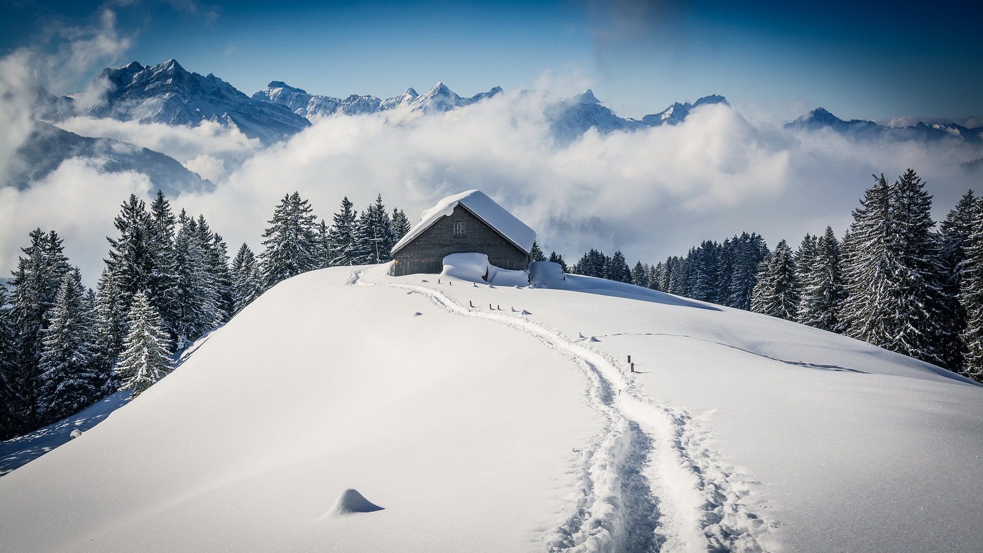 雪山 房子 风景桌面壁纸
