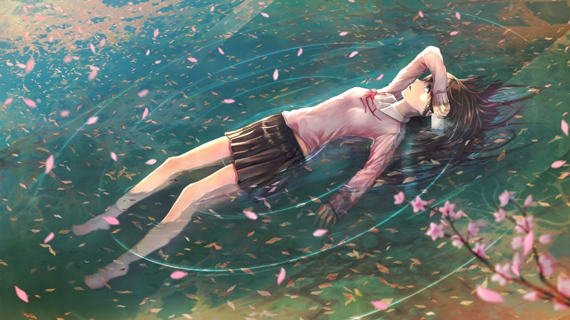 水樱花蓝眸赤足少女动漫壁纸，免费下载，装点你的电脑桌面