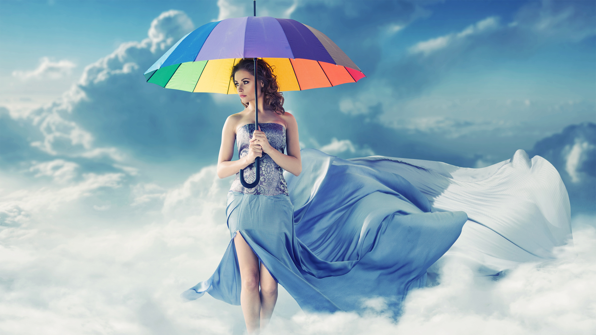 创意唯美彩色伞美女漫步天空云朵壁纸，免费电脑壁纸下载