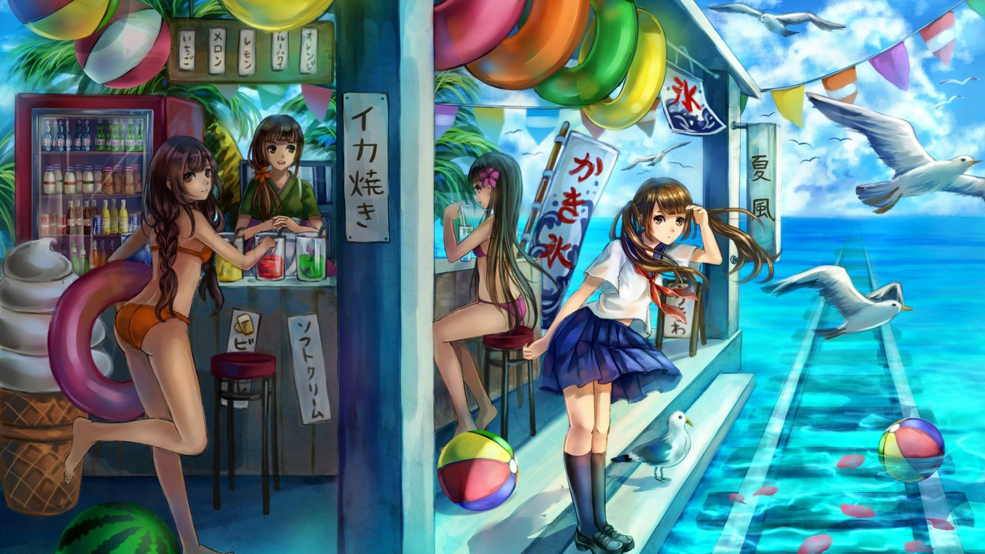 夏日海风蓝天下，美少女与冷饮店的邂逅，水上火车与海鸥共舞的动漫壁纸免费下载