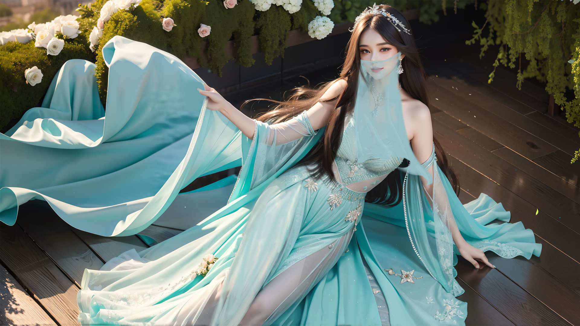 蓝色裙子美女动漫壁纸，唯美鲜花图案，免费电脑壁纸下载