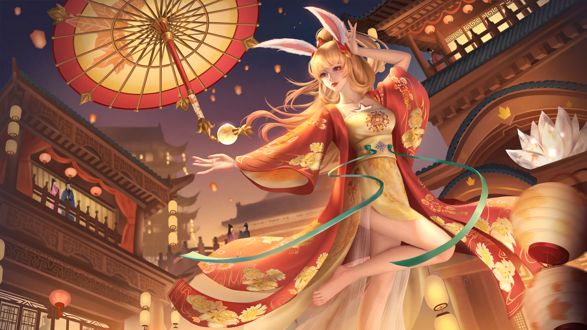兔耳朵女孩春节动漫壁纸，红衣执伞，点亮孔明灯与灯笼，古风建筑间的唯美画面