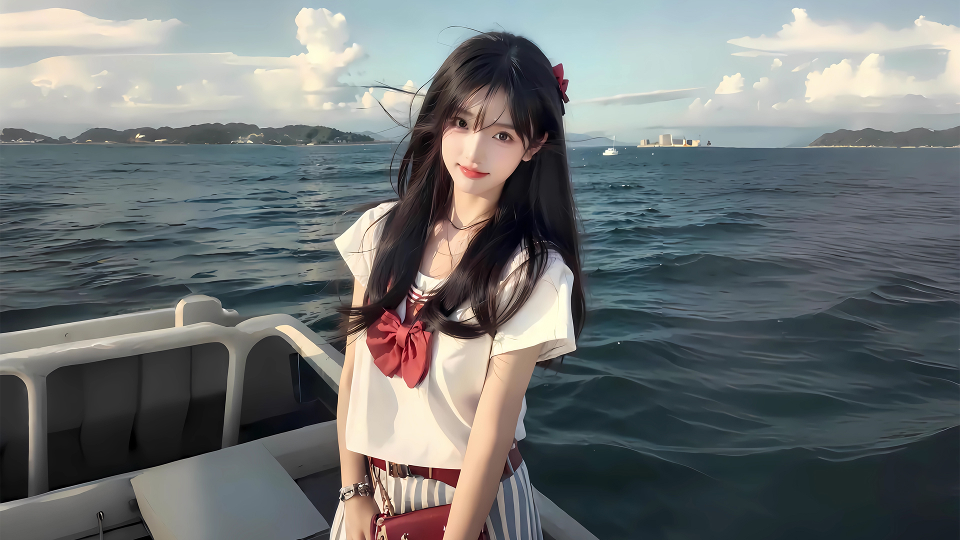 海上可爱女生动漫船壁纸，高清全屏免费下载