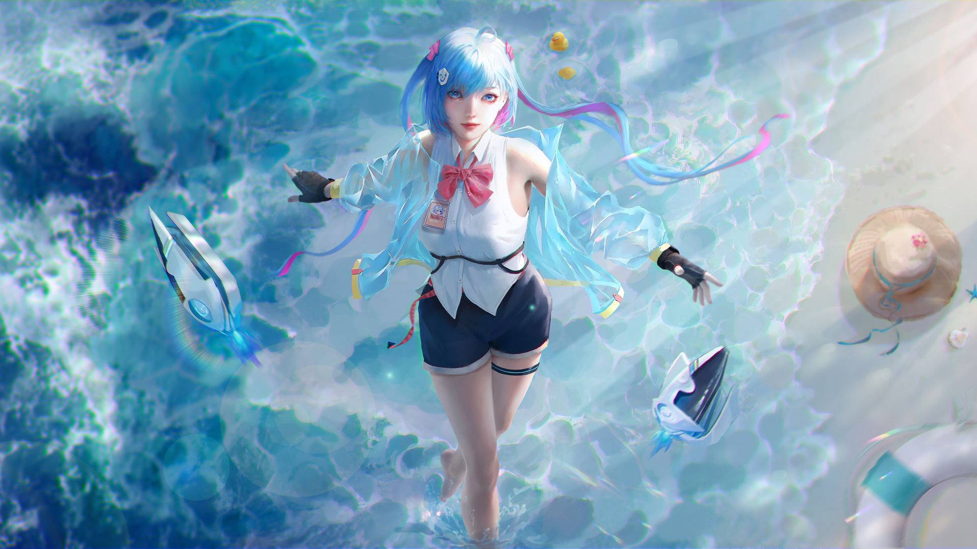 海滩 厚涂 插画 少女 短裤 治愈 动漫壁纸