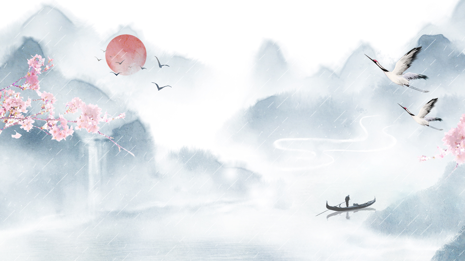 清明节水墨画花枝仙鹤壁纸