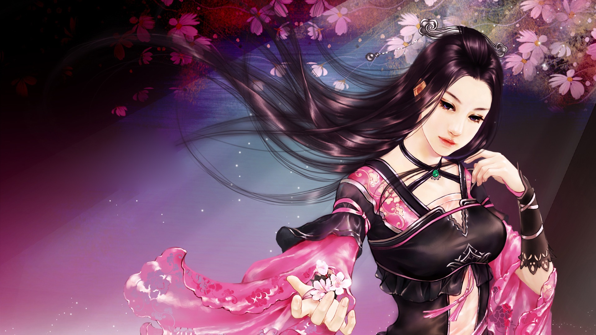 古典美女壁纸，长发飘逸，花瓣轻舞，唯美中国风，免费下载高清电脑壁纸