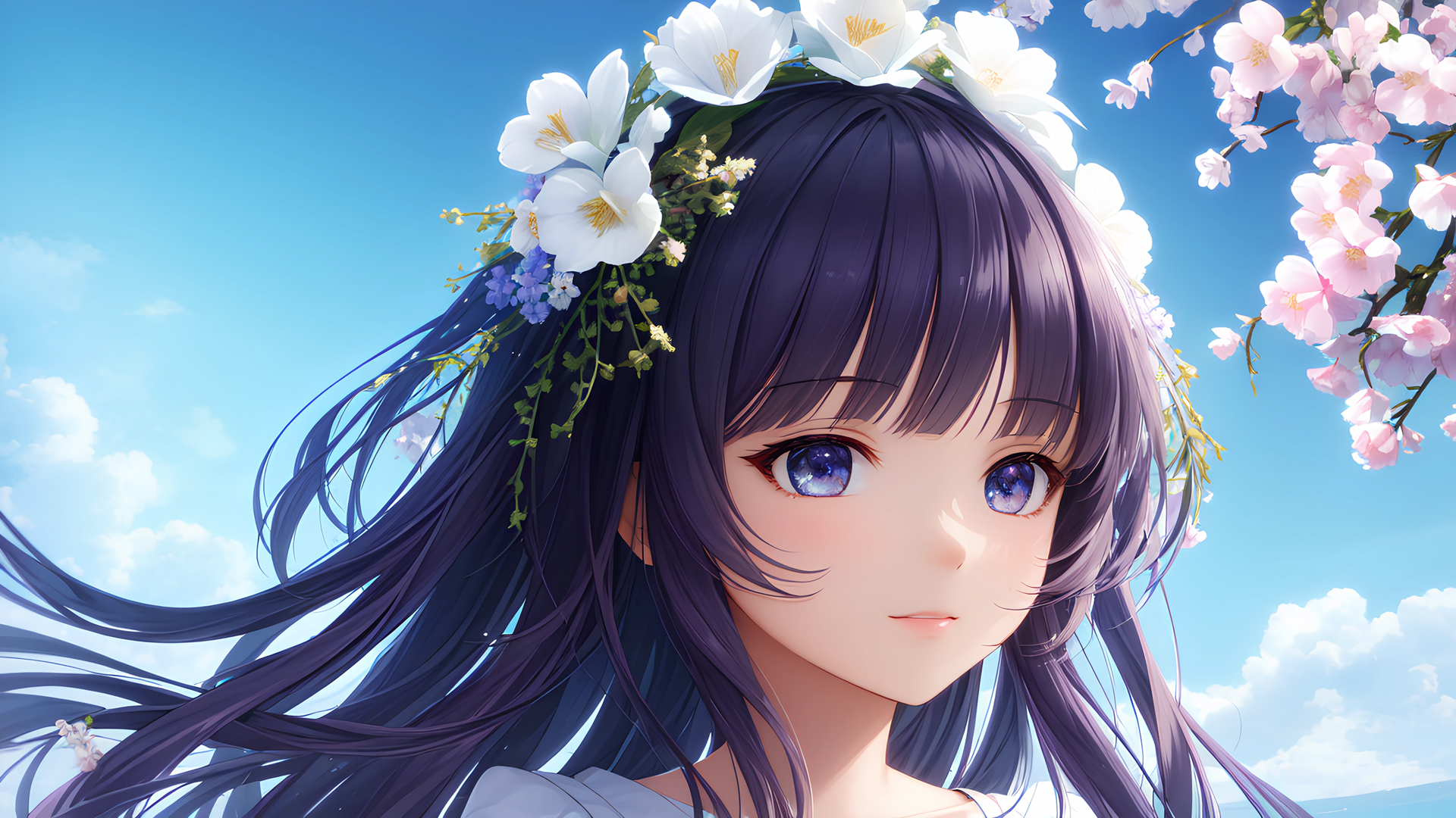 长发动漫少女赏花图，蓝天下的美丽瞬间，免费动漫壁纸下载