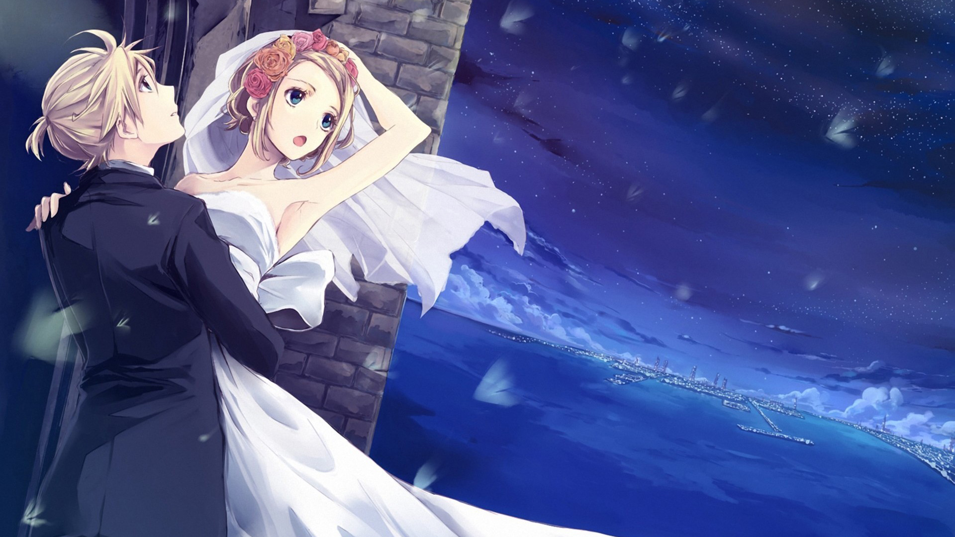 VOCALOID镜音连&铃，恋人相拥，星空下的浪漫婚纱时刻，绝美动漫壁纸免费下载！