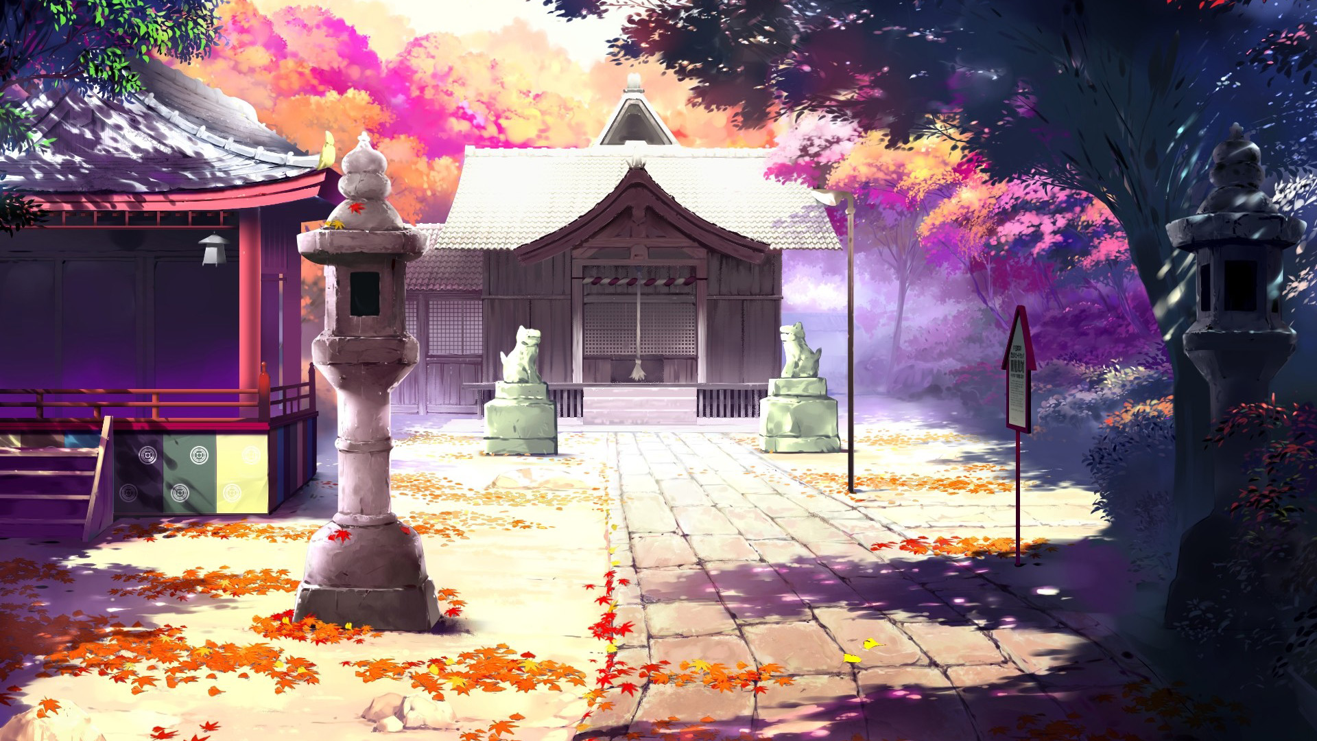山里寺庙秋意浓，庭院石像伴动漫 - 免费电脑壁纸下载