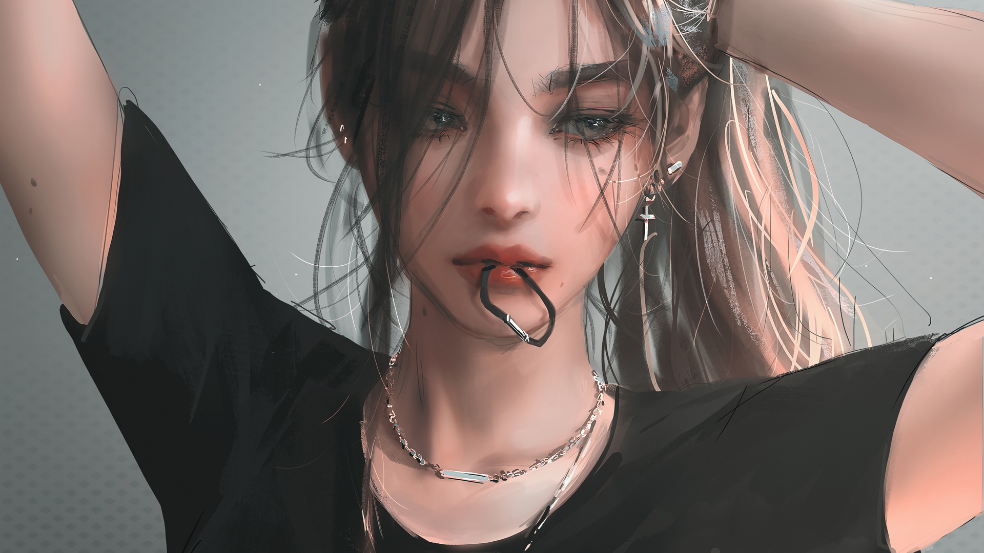 绑头发少女 嘴唇咬着皮筋 厚涂画风 好看动漫壁纸