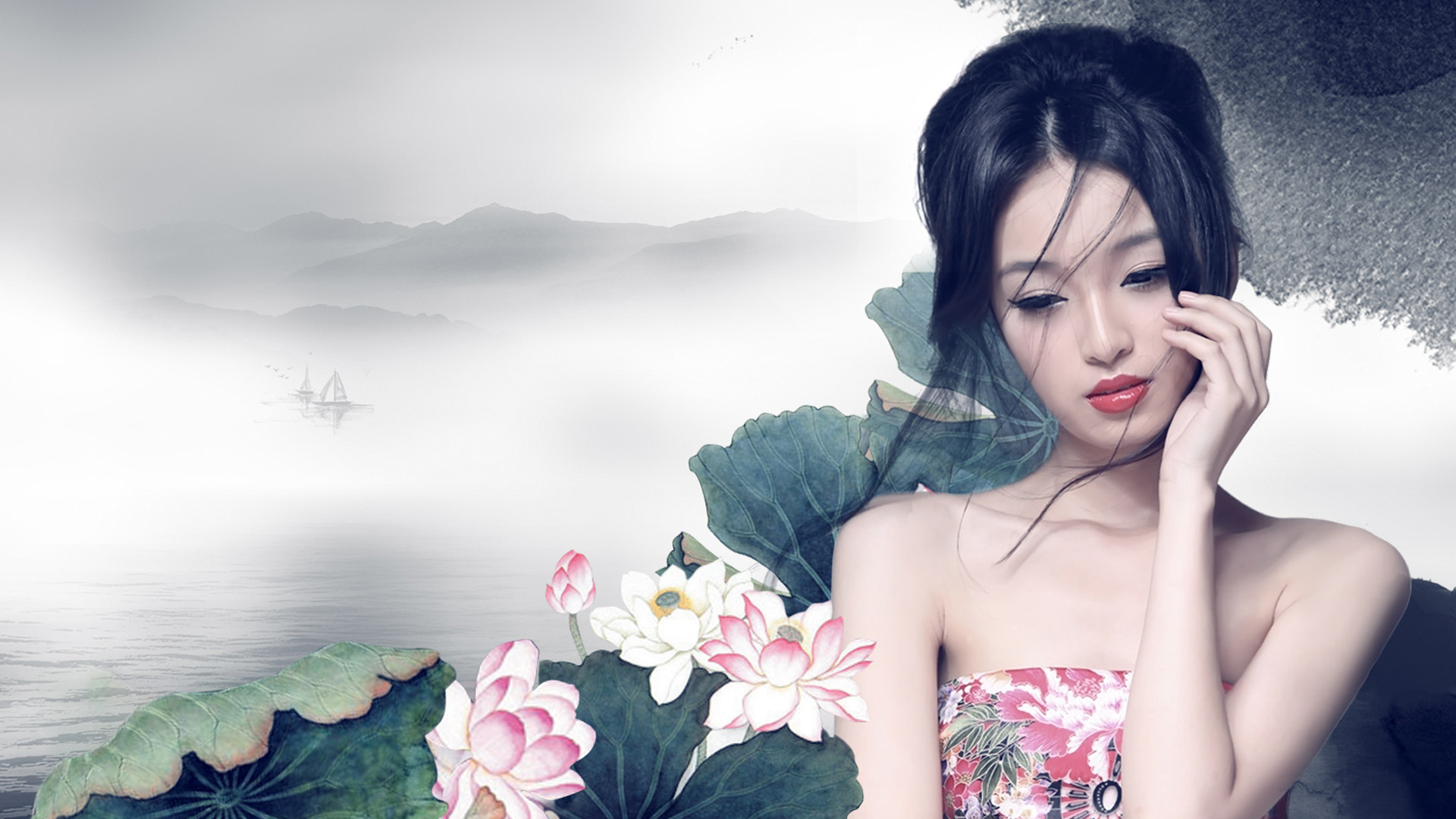 醉荷美女桌面壁纸，高清免费下载，打造个性电脑背景