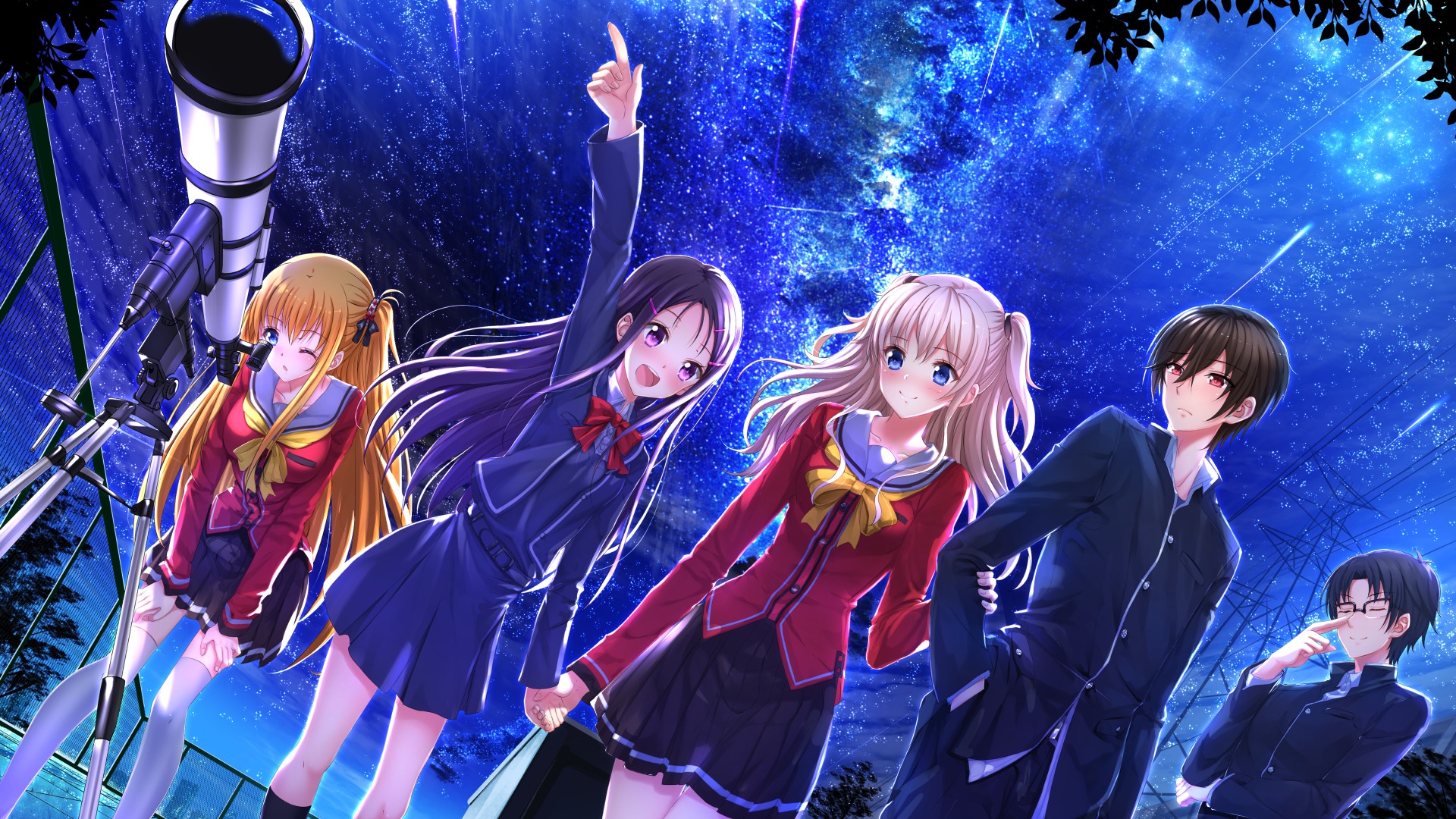 夜晚星空下的美少女与帅哥，夏洛特动漫桌面壁纸免费下载