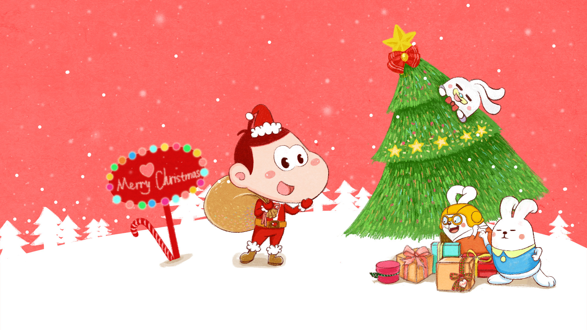 圣诞节欢乐颂，Merry Christmas！萌趣圣诞树、慈祥圣诞老人、暖心礼物，雪景兔子更添可爱！阿U壁纸带你领略萌趣圣诞，免费电脑壁纸一键下载！