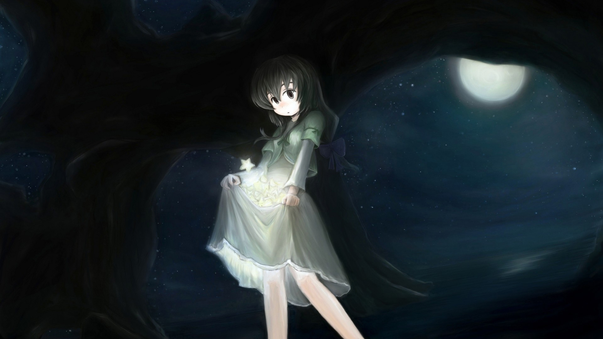 小女孩,漂亮小裙子,星星,月亮,壁纸