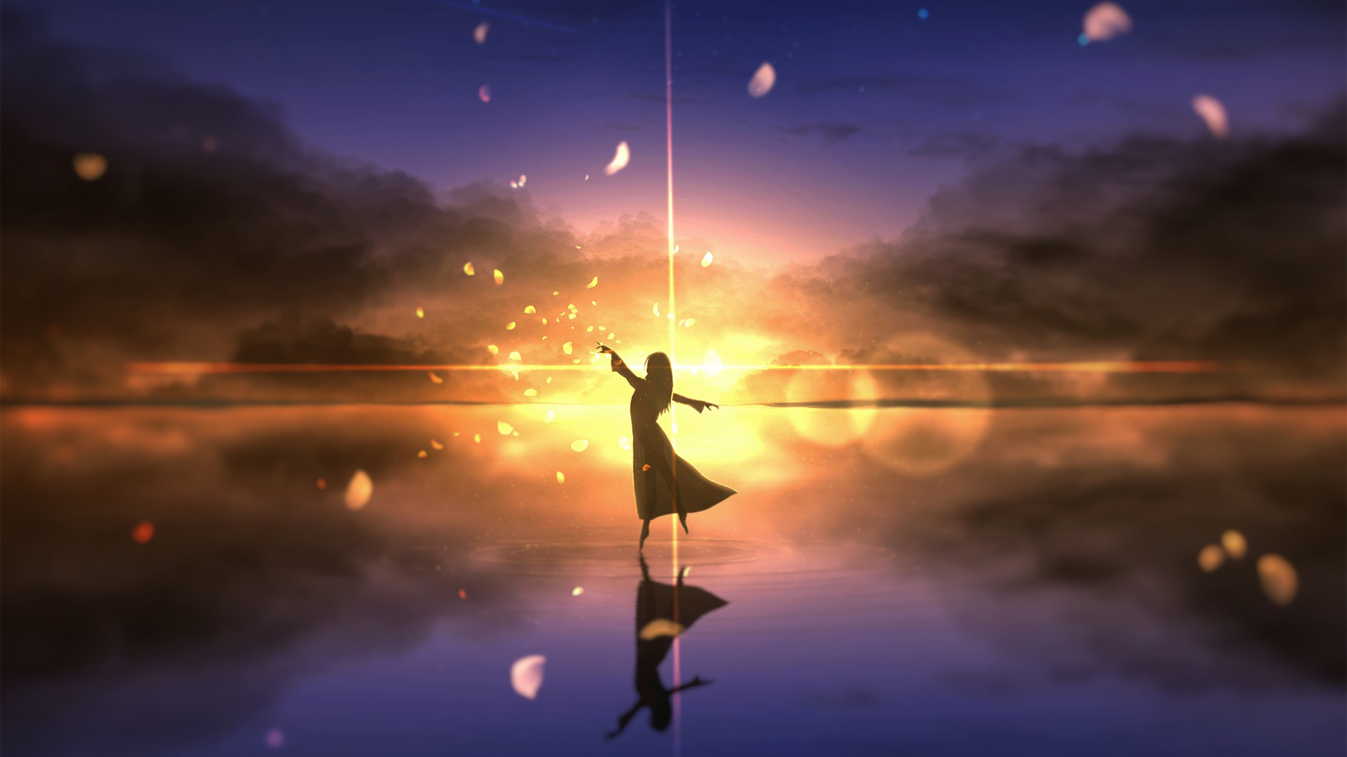 黄昏 夕阳 女孩子幻想 飞舞 天空 水面 动漫风景背景壁纸