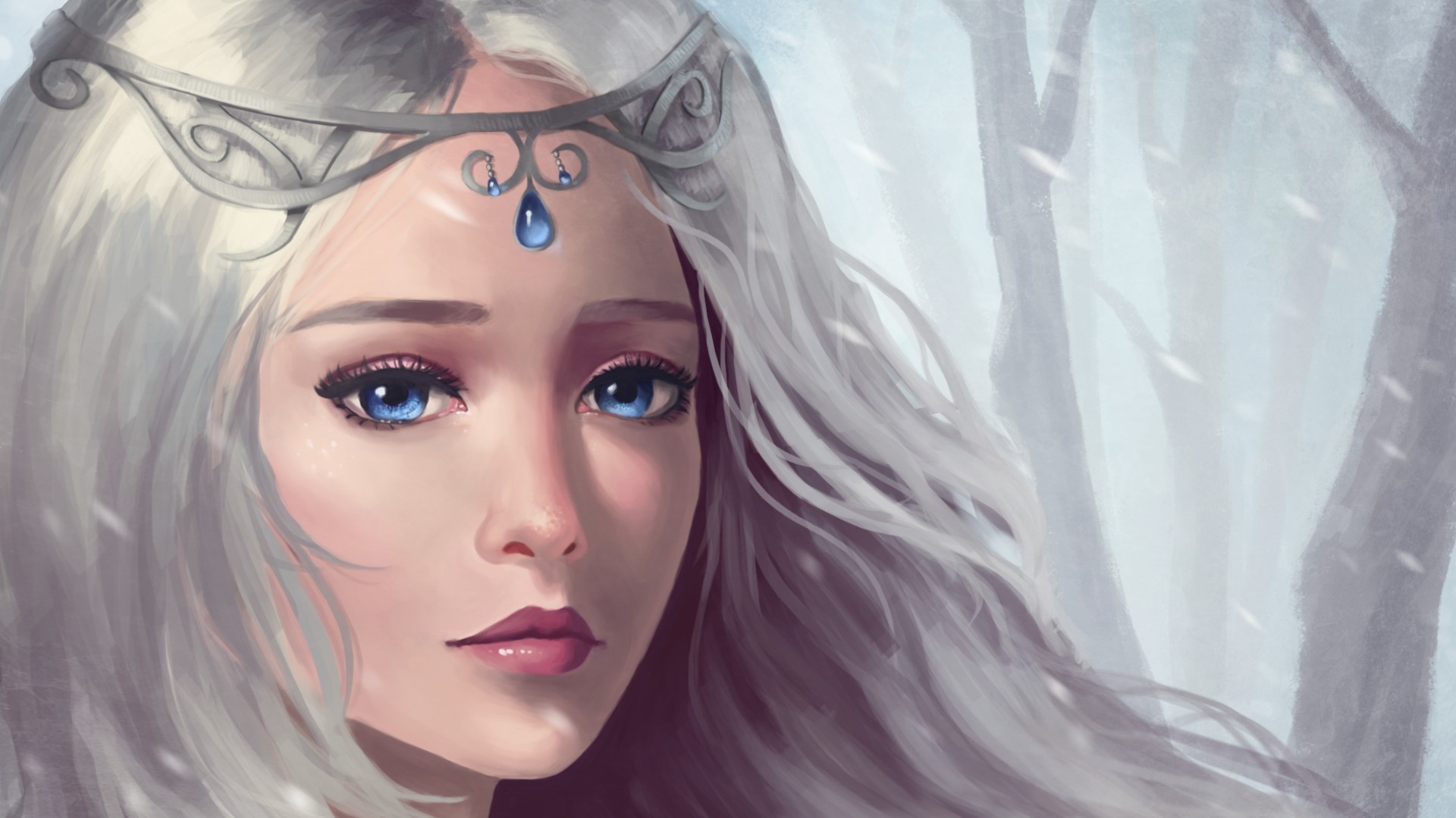 白色长发少女悲情绘画壁纸，唯美高清免费下载