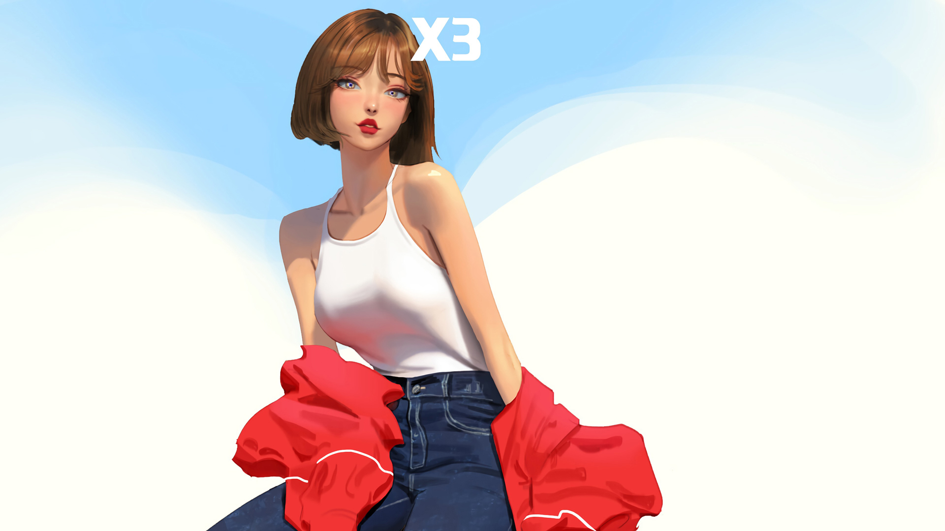 个性短发美女，牛仔裤风情，精选动漫壁纸免费下载