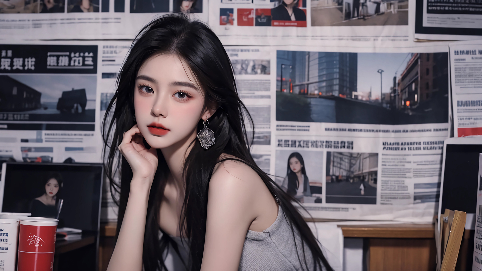 报纸墙 长发美女 耳饰 电脑壁纸