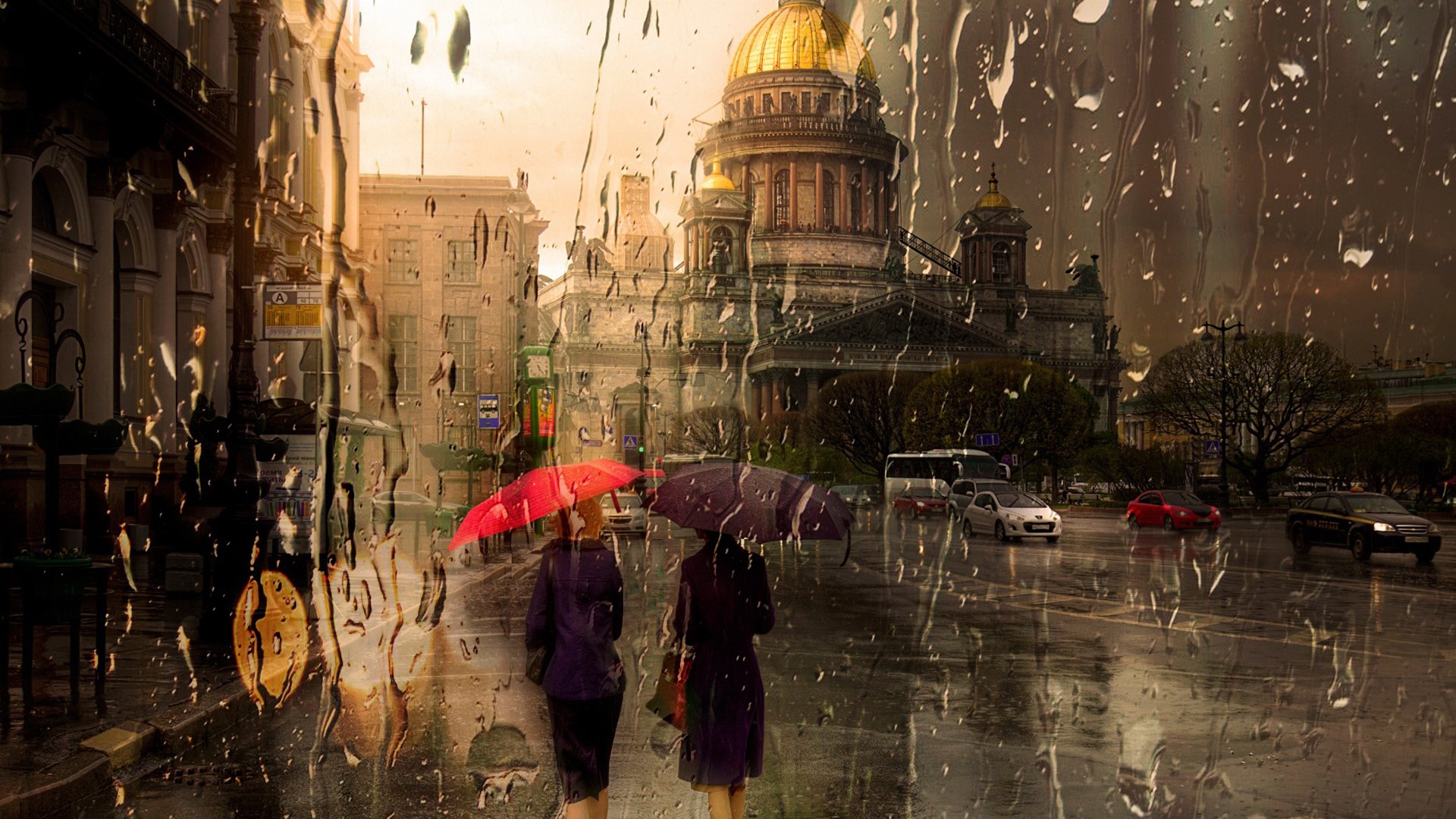 唯美意境，窗外雨景中的女人背影，城市建筑映入眼帘，免费下载唯美壁纸