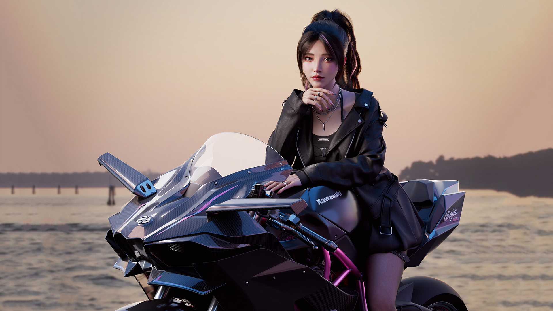 美女 帅气 皮衣 高马尾 机车 摩托车 动漫 壁纸