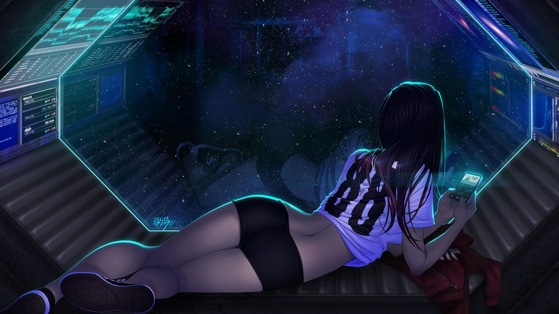 动漫女孩遨游星际，梦幻星空宇宙飞船桌面壁纸，免费下载！