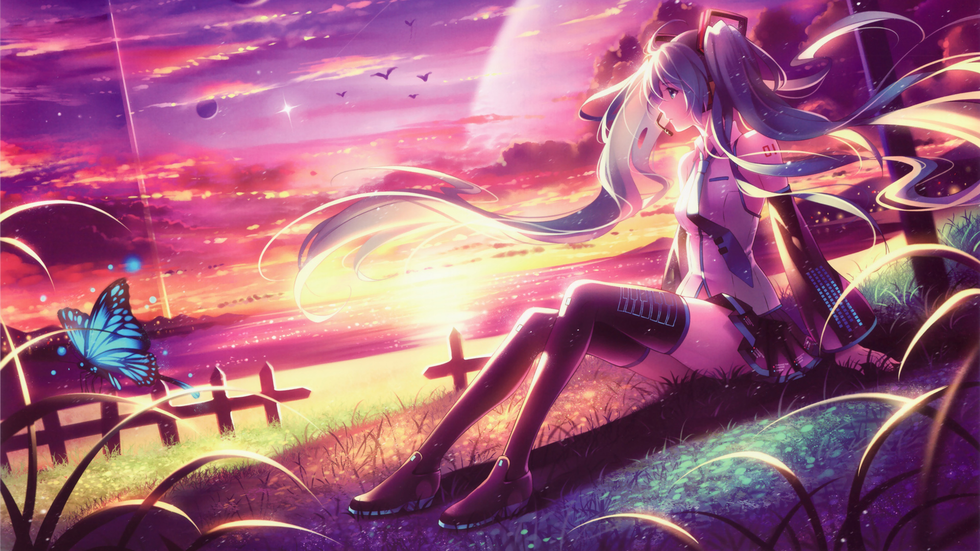 初音未来，女孩，蝴蝶，草地，坐着，紫色的风景，动漫壁纸