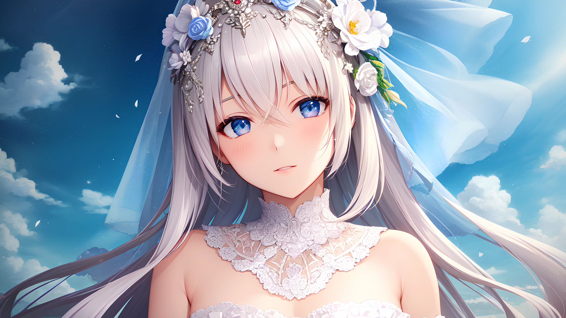 动漫少女新娘 蓝色眼睛 头纱 花瓣 电脑壁纸