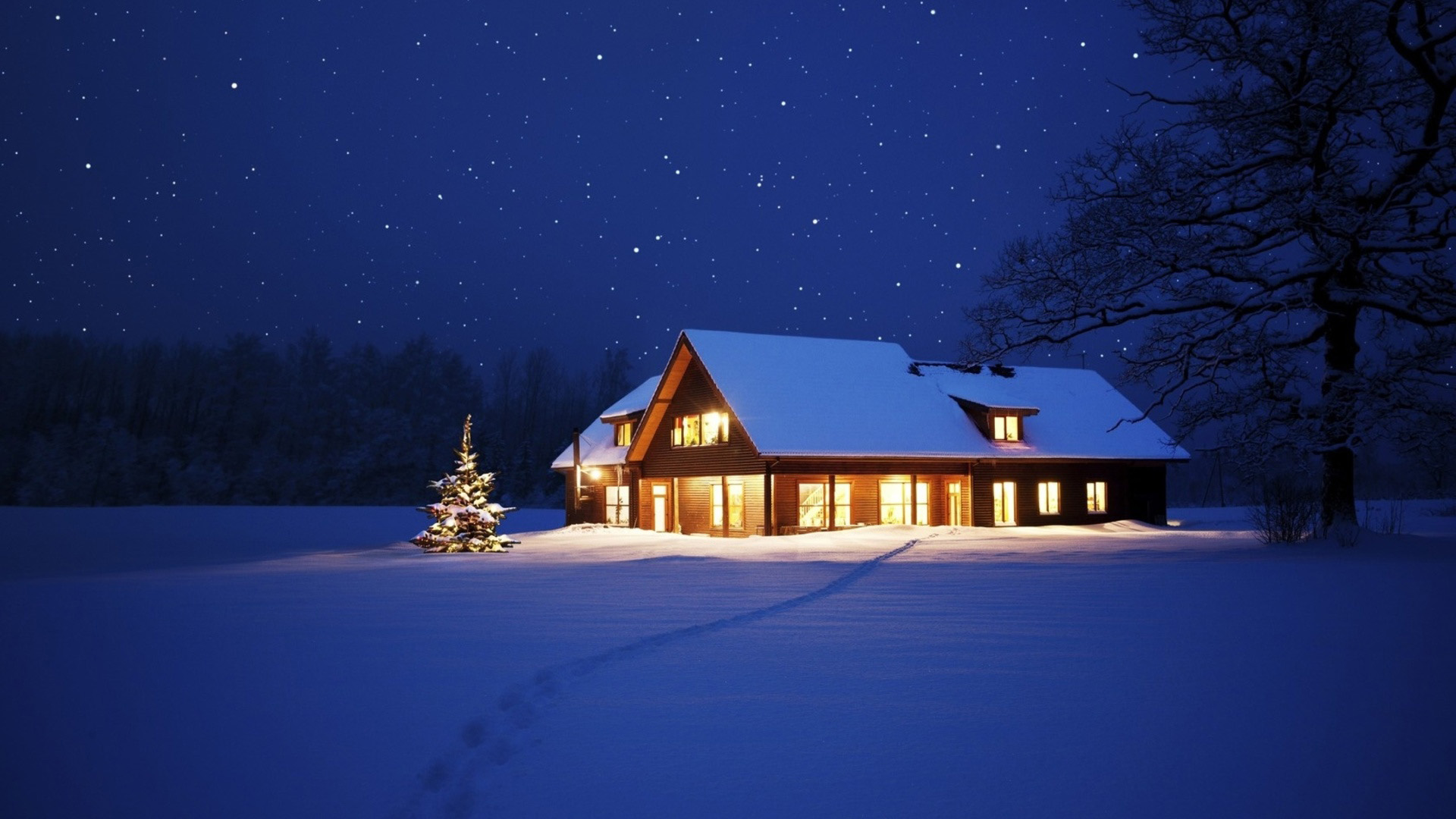冬季林中小屋夜景桌面壁纸