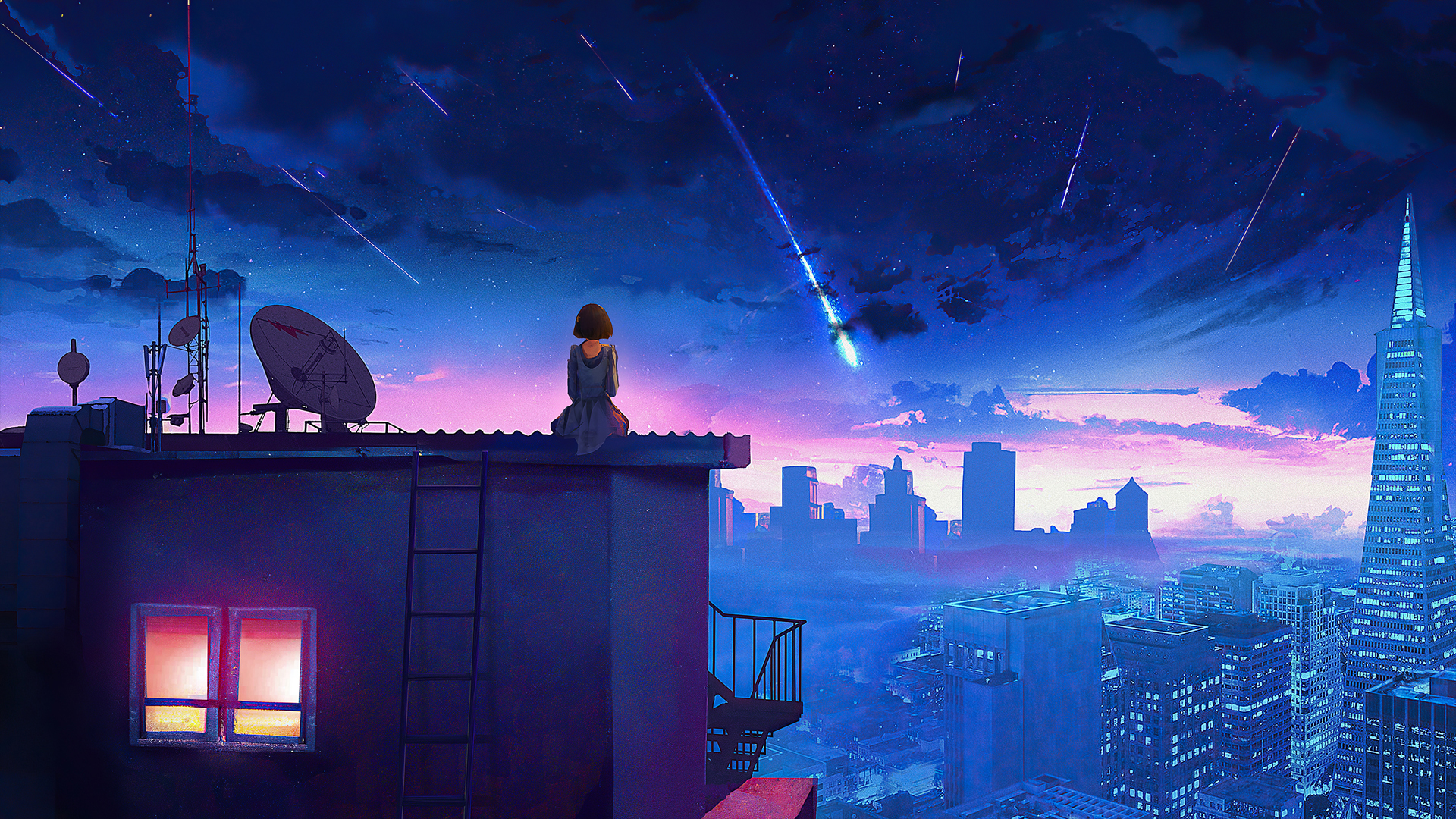 夜晚星空流星盛宴，女孩屋顶静赏，唯美动漫壁纸免费下载