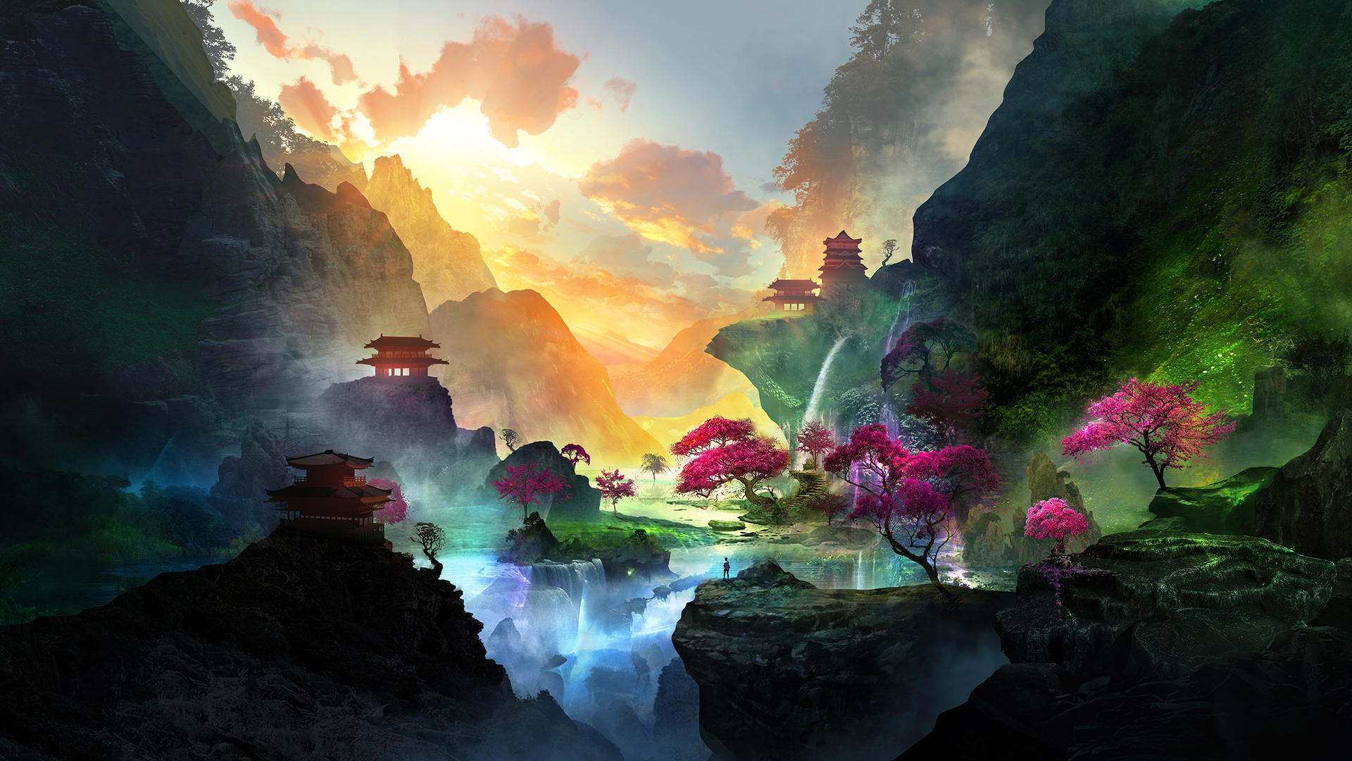 仙境风光，瀑布寺庙山谷树景，唯美绘画壁纸高清免费下载