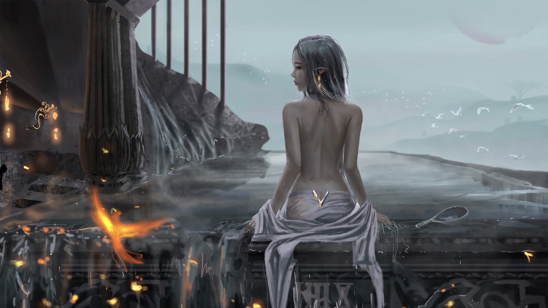 高清唯美动漫壁纸，天池浴池中的女孩少女，美背浴衣沐浴场景，免费电脑壁纸下载