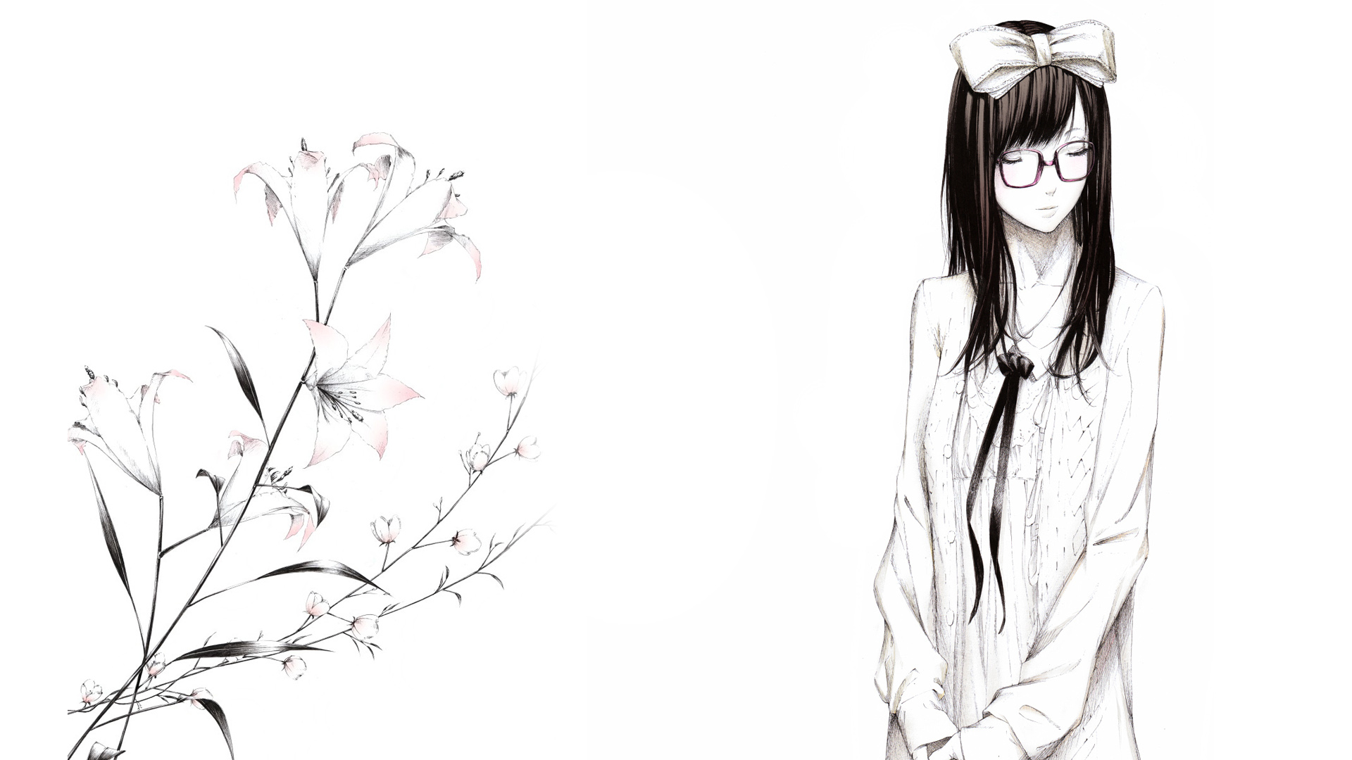 女孩戴眼镜头戴花蝴蝶结动漫桌面壁纸，免费高清下载
